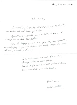 Image du vendeur pour Eigenh. Brief mit Gedicht (4 Zeilen) und U. "Michel Houellebecq". mis en vente par Kotte Autographs GmbH