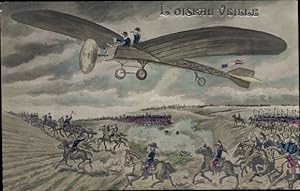 Künstler Ansichtskarte / Postkarte L'Oiseau Veille, Französisches Militärflugzeug, Soldaten