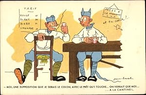 Künstler Ansichtskarte / Postkarte Cheval, Jean, Französische Soldaten in der Kantine, Karikatur