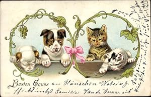 Image du vendeur pour Prge Litho Katzen und Hunde schauen ber ein Brett mis en vente par akpool GmbH