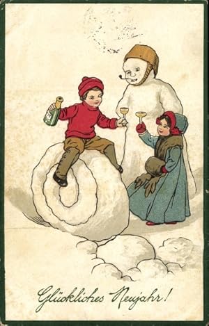 Bild des Verkufers fr Prge Ansichtskarte / Postkarte Glckwunsch Neujahr, Schneemann, Kinder, Sektflasche zum Verkauf von akpool GmbH