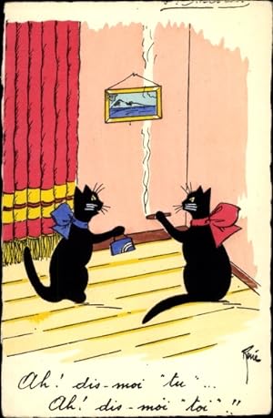 Künstler Ansichtskarte / Postkarte Rene, Eine Katze raucht Zigarette, Katze mit blauer Handtasche