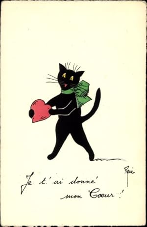 Bild des Verkufers fr Knstler Ansichtskarte / Postkarte Rene, Schwarze Katze mit einem Herzen zum Verkauf von akpool GmbH