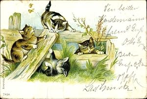 Imagen del vendedor de Knstler Ansichtskarte / Postkarte Katzenjungen fangen Schmetterlinge im Garten a la venta por akpool GmbH