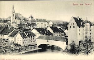 Ansichtskarte / Postkarte Baden Kt. Aargau Schweiz, gedeckte Brücke, Kirche, Café