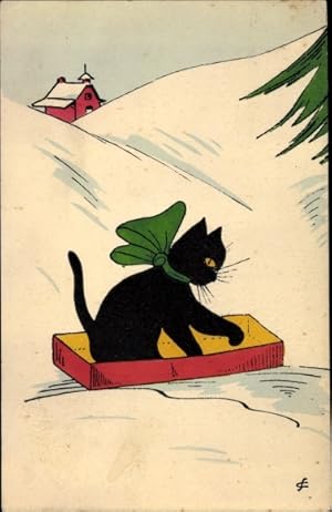 Image du vendeur pour Knstler Ansichtskarte / Postkarte Schwarze Katze mit grner Schleife in einer Kiste, Schneelandschaft mis en vente par akpool GmbH