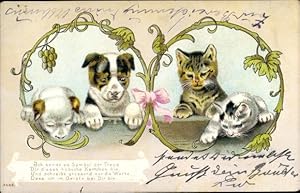 Image du vendeur pour Prge Litho Katzen und Hunde schauen ber ein Brett mis en vente par akpool GmbH