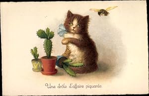 Bild des Verkufers fr Ansichtskarte / Postkarte Katze mit Kakteen und einer Bienne zum Verkauf von akpool GmbH