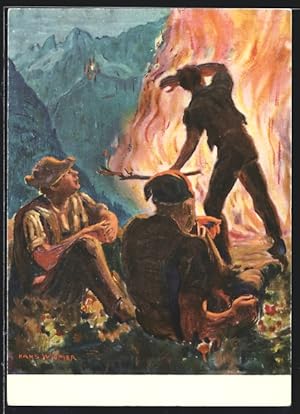 Seller image for Knstler-Ansichtskarte Schweizer Bundesfeier 1943, Pfadfinder sitzen am Lagerfeuer for sale by Bartko-Reher