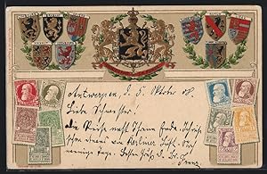 Präge-Ansichtskarte Briefmarken und Wappen von Belgien