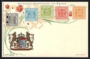 Ansichtskarte Briefmarken von Bayern, Wappen mit Löwen, Rosen