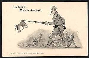 Bild des Verkufers fr Ansichtskarte Deutscher Soldat zertrampelt seine Gegner, Landsturm - Made in Germany zum Verkauf von Bartko-Reher