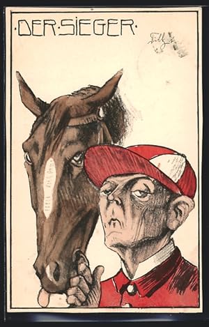 Künstler-Ansichtskarte Sieger beim Pferderennen, Karikatur