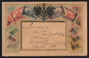 Präge-Ansichtskarte Briefmarken aus Marocco, Deutscher Reichsadler