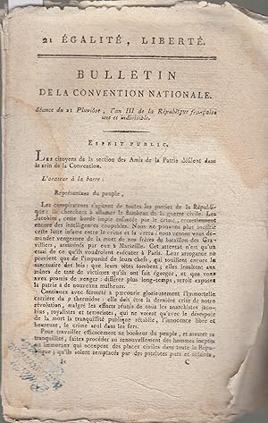 Imagen del vendedor de Bulletin de la Convention Nationale. Sance de 21 Pluviose, l'an III de la Rpublique franaise une et indivisible. Esprit Public. Suivi de: Supplment au Bulletin de la Convention Nationale. a la venta por PRISCA