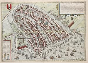 Image du vendeur pour 16TH-CENTURY AMSTERDAM "Amstelredamum, Nobile Inferioris Germaniae Oppidum," copper engraving first introduced to the market by Georg Braun and Frans Hogenberg as part of their townbook "Civitates Orbis Terrarum", here in a second edition from 1618-1657 mis en vente par Inter-Antiquariaat Mefferdt & De Jonge