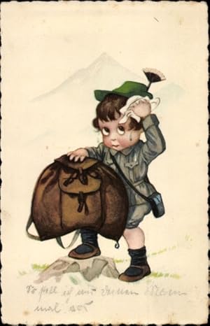 Ansichtskarte / Postkarte Kind mit Rucksack, Wanderer wischt sich mit einem Taschentuch den Schwe...