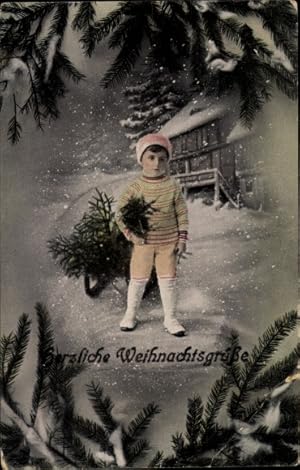 Ansichtskarte / Postkarte Glückwunsch Weihnachten, Kind, Schlitten, Tannenbaum, Tannenzweige