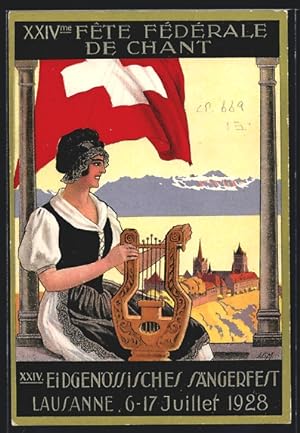 Künstler-Ansichtskarte Lausanne, XXIV. Eidgenössisches Sängerfest 1928, Frau mit Harfe blickt zur...
