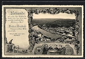 Bild des Verkufers fr Ansichtskarte Traben-Trarbach, Hotel Wilder Mann, Mnner trinken Wein, Teilansicht mit Ruine Grfinburg zum Verkauf von Bartko-Reher