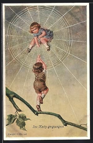 Bild des Verkufers fr Ansichtskarte Ins Netz gegangen, Kind in einem Spinnennetz zum Verkauf von Bartko-Reher