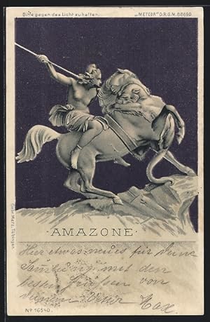 Imagen del vendedor de Ansichtskarte Amazone zu Pferde im Kampf gegen einen Lwen, Halt gegen das Licht a la venta por Bartko-Reher