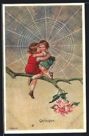Bild des Verkufers fr Ansichtskarte Zwei Kinder auf Ast vor einem Spinnennetz zum Verkauf von Bartko-Reher