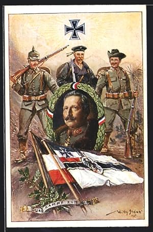 Künstler-Ansichtskarte Stoewer: Deutsche Kolonie, Porträt Kaiser Wilhelm, Soldaten in der Kolonie...