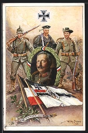 Künstler-Ansichtskarte Stoewer: Deutsche Kolonie, Porträt Kaiser Wilhelm, Soldaten in der Kolonie...