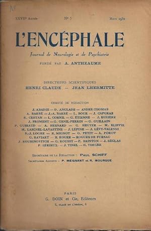 Seller image for L'Encphale journal de neurologie, de psychiatrie et de mdecine psycho-somatique n 3 for sale by PRISCA