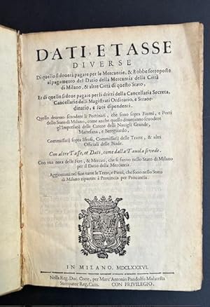 Seller image for Dati, e tasse diverse di quello si dover pagare per le mercantie, & robbe sottoposte al pagamento del datio della mercantia della citt di Milano . et di quello si deue pagare per li dritti della Cancelleria secreta . Con altre tasse. Segue con proprio frontespizio: Nota di tutte le terre, e pievi dello stato di Milano. for sale by LIBRERIA XODO