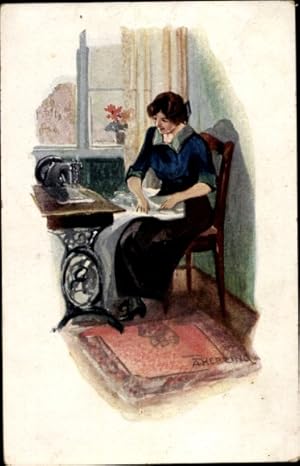Künstler Ansichtskarte / Postkarte Herzing, A., Frau an der Nähmaschine