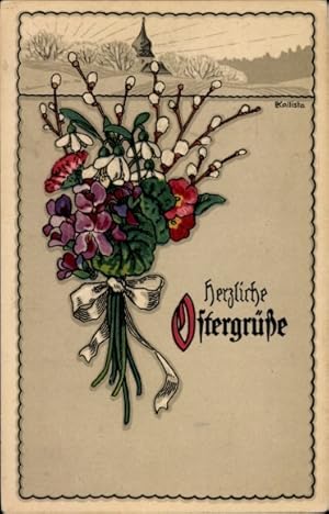 Künstler Ansichtskarte / Postkarte Kallista, Glückwunsch Ostern, Blumenstrauß, Weidenkätzchen