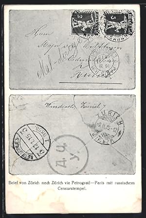 Ansichtskarte Zürich, Briefmarken-Ausstellung 1915, Brief mit russischem Censurstempel, Ganzsache