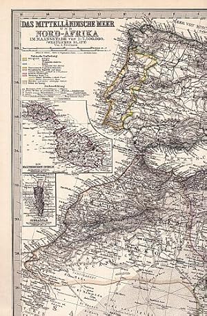 Bild des Verkufers fr Das Mittellndische Meer und Nord-Afrika im Maastabe von 1:7500000. (Westliches Blatt). Von A.Petermann. Stahlstich mit Grenzkolorit. Mit zwei kleinen Nebenkarten (Die Maltesischen Inseln; Gibraltar). zum Verkauf von Antiquariat Heinz Tessin