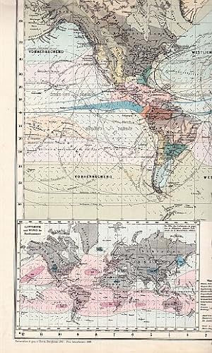 Imagen del vendedor de Welt-Karte zur bersicht der Luftstrmungen und Niederschlge. Entworfen & gez. v. Herm. Berghaus 1867 Neu bearbeitet 1881. Stahlstich mit Flchenkolorit. Mit drei kleineren Nebenkarten (Luftdruck und Wind im Nordsommer; Luftdruck und Wind im Sdsommer). a la venta por Antiquariat Heinz Tessin