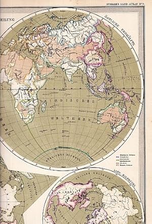 Imagen del vendedor de Land- und Wasser-Vertheilung auf der Erde in Globularer Projection von Hermann Berghaus 1879. Stahlstich mit Grenzkolorit und drei kleineren Nebenkarten (Wasser-Halbkugel,; Land-Halbkugel; Erdkarte in Polar-Projection nach eigener Entwurfsart). a la venta por Antiquariat Heinz Tessin