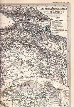 Bild des Verkufers fr Das Mittellndische Meer und Nord-Afrika im Maastabe von 1:7500000. (stliches Blatt). Von A.Petermann. Stahlstich mit Grenzkolorit. Mit einer Nebenkarte (Das Nil-Delta u. der Isthmus von Sues. Mastab 1:1500000). Die Maltesischen Inseln; Gibraltar). zum Verkauf von Antiquariat Heinz Tessin