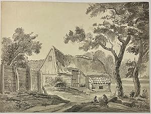 Antique drawing | Farmer making a straw basket in front of a barn, ca. 1790, 1 p.
