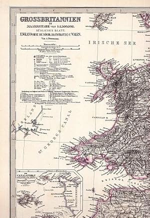 Bild des Verkufers fr Im Maasstabe 1:1500000. Sdliches Blatt. England (ohne die nrdl. Grafschaften) u. Wales. Von A.Petermann. Stahlstich mit Grenzkolorit und einer kleinen Nebenkarte (Die Canal-Inseln (Channel-Islands). zum Verkauf von Antiquariat Heinz Tessin