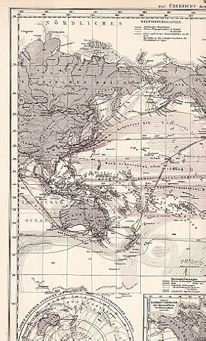 Bild des Verkufers fr Welt-Karte zur bersicht der Meeres-Strmungen und des Schnellverkehrs. Entworfen & gez. v. Herm. Berghaus 1867 Nachtr. 1880. Stahlstich mit Flchenkolorit und zwei kleineren Nebenkarten (Linien gleicher Gezeiten oder Fluthstunden, Nrdliche und Sdliche Halbkukel; Linien gleicher Temperatur der Meeresflche im kltesten Monat). zum Verkauf von Antiquariat Heinz Tessin