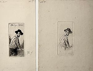 Antique prints, etching | Figure study of a man with a hat in different states, published 1857/18...