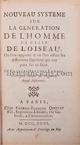 Image du vendeur pour Nouveau systme sur la gnration de l'homme et celle de l'oiseau, o l'on rapporte & o l'on rfute les diffrentes opinions qui ont paru sur ce sujet mis en vente par Eric Zink Livres anciens