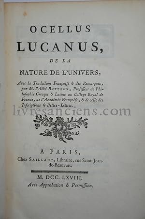 De la nature de l'univers Avec la Traduction Françoise & des Remarques, par M. l'Abbé Batteux.