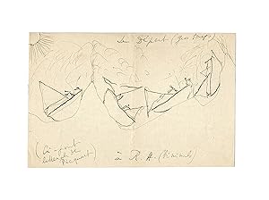 Rare dessin original de Proust, représentant quatre voiliers chahutés par les vagues