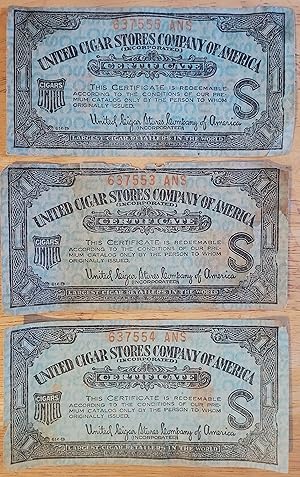 Vintage United Cigar Stores Company of America Certificate Coupons -- Lot of 3