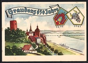 Künstler-Ansichtskarte Graudenz / Grudziadz, Teilansicht mit Burg und Eisenbahnbrücke, Stadtwappen