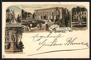 Lithographie Posen, General-Commando Gebäude, Brunnen auf dem Königsplatz, Mickiewicz-Denkmal