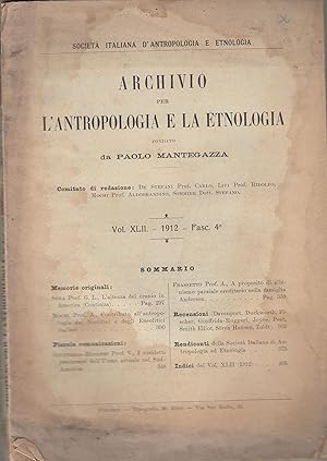 Seller image for Archivio per l'antropologia e l'etnologia : Fondato da Paolo Mantegazza. vol XLII fac 4 for sale by PRISCA