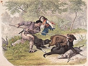 Altkolorierte Lithographie v. 1840. Bauern kämpfen mit Wolf.
